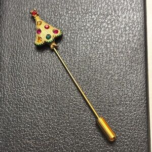 Vintage Christmas Tree Stick Pin Gold Tone Rhinestone